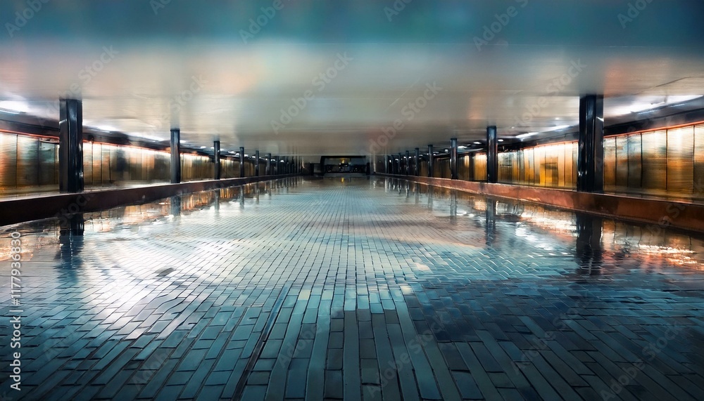 Naklejka premium Wet urban pathway, reflecting lights at night.