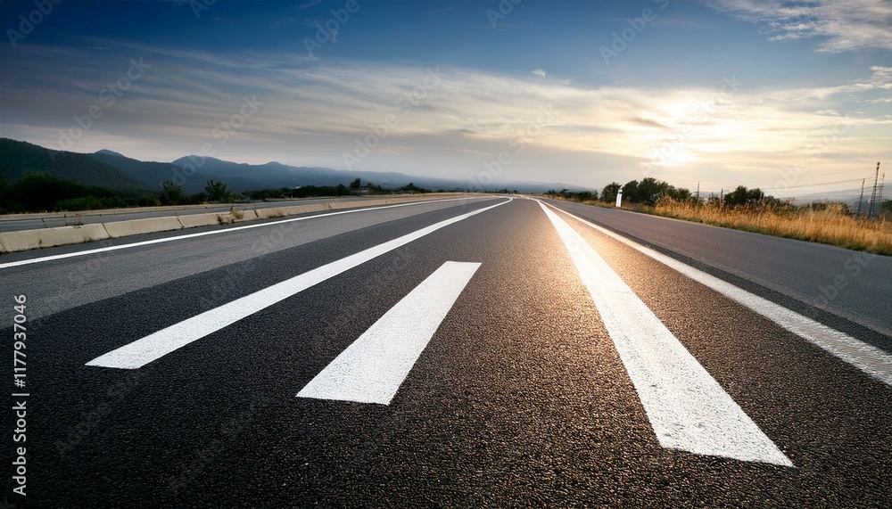 Naklejka premium Asphalt road at sunset with mountains in the background.
