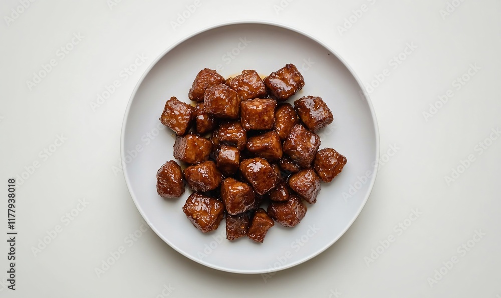 Glazed meat cubes on white plate. Food photography for recipe blogs Glazed meat cubes on white plate. Food photography for recipe blogs