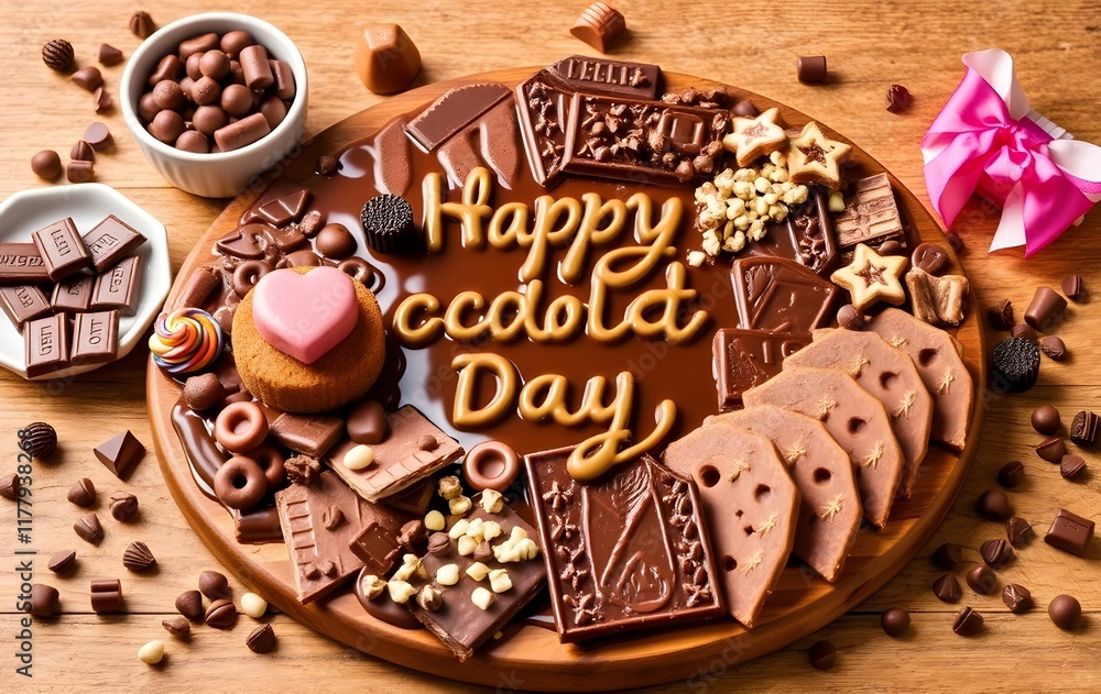 Festive Chocolate Arrangement with Sweet Treats and Heart Decoration on Wood Table Festive Chocolate Arrangement with Sweet Treats and Heart Decoration on Wood Table