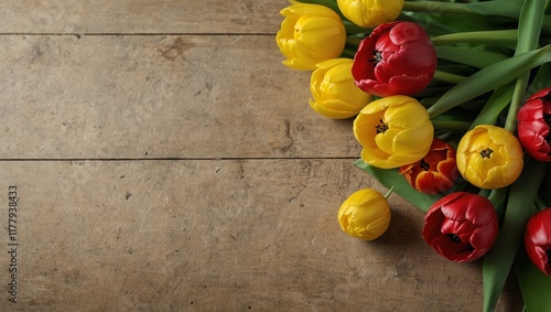 Beautiful card with yellow and red tulips for congratulation invitation or banner