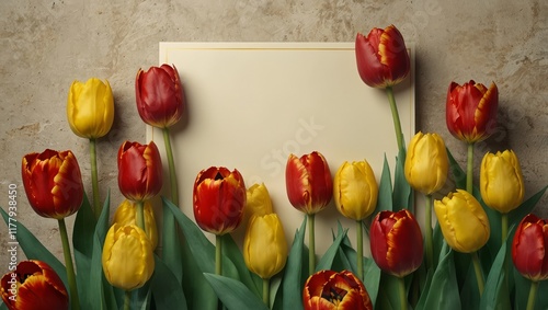 Beautiful card with yellow and red tulips for congratulation invitation or banner