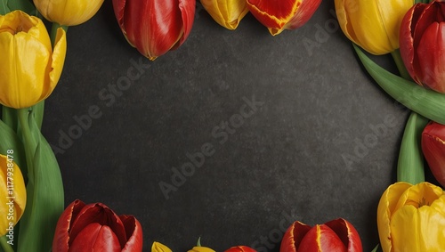 Beautiful card with yellow and red tulips for congratulation invitation or banner