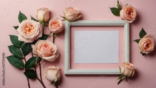 Beautiful flowers composition. Blank frame for text, pink rose flowers on pastel pink background