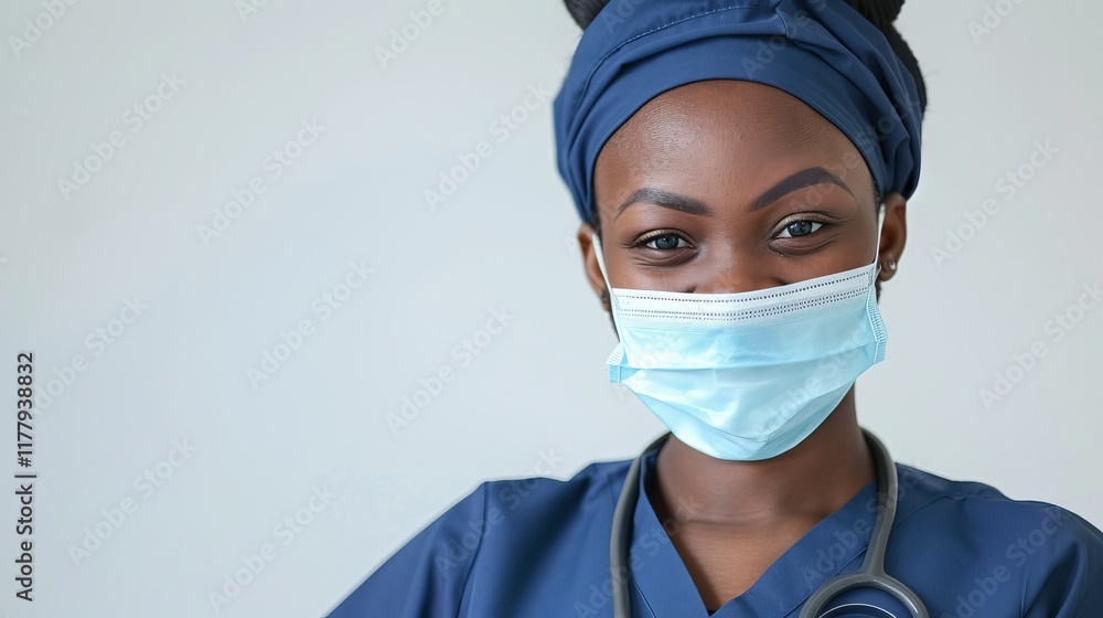 Smiling Black female doctor in scrubs with a stethoscope and mask. Smiling Black female doctor in scrubs with a stethoscope and mask.