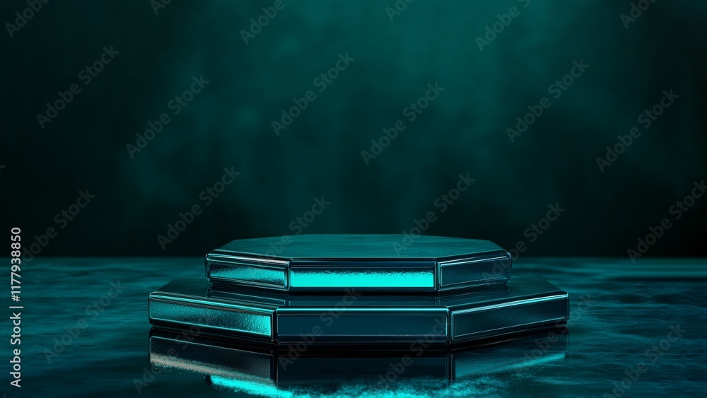 A stepped hexagonal 3D podium, placed on a deep ocean green blue background A stepped hexagonal 3D podium, placed on a deep ocean green blue background