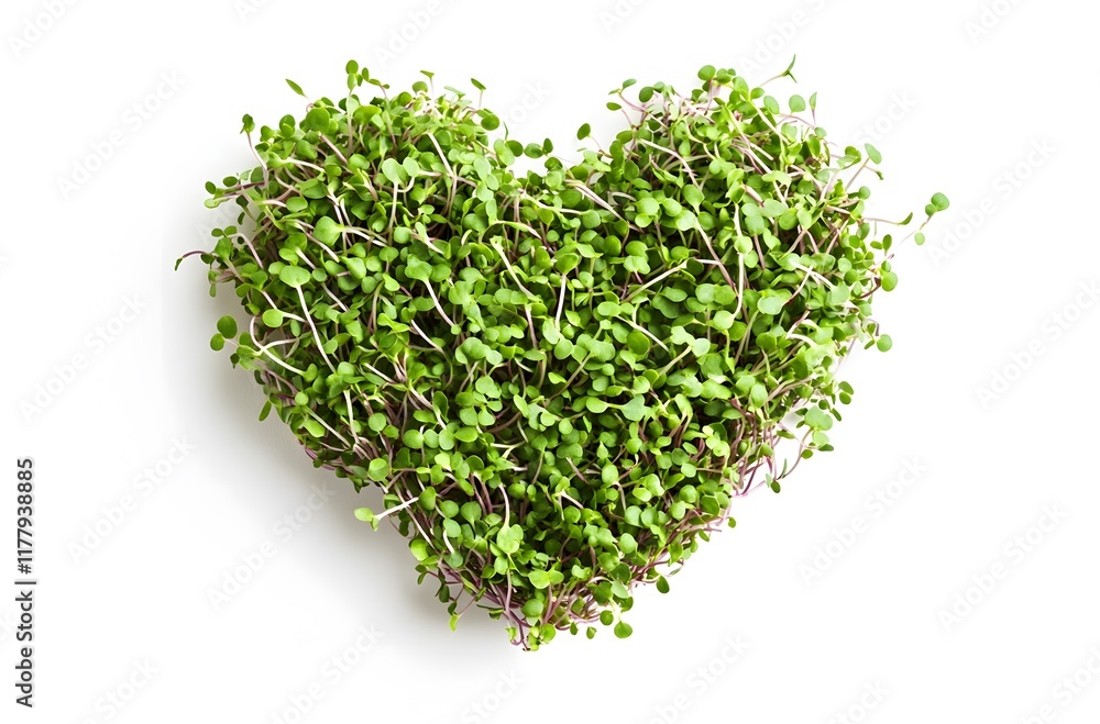 Obraz premium Fresh microgreens arranged in a heart shape on a plain background showcasing love for healthy eating