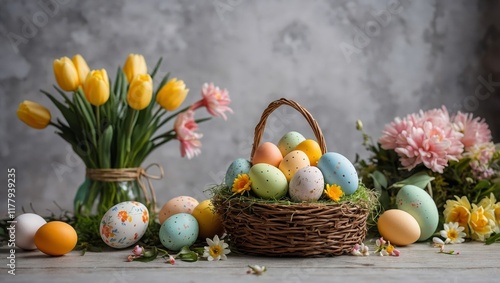  Easter background. Festive spring interior with flowers