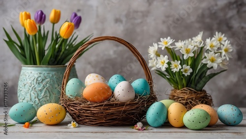  Easter background. Festive spring interior with flowers