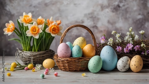  Easter background. Festive spring interior with flowers
