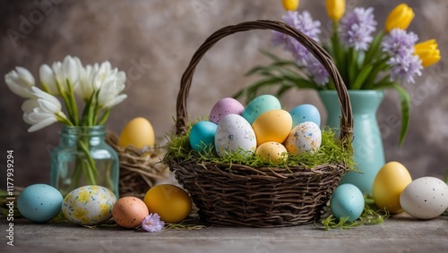  Easter background. Festive spring interior with flowers