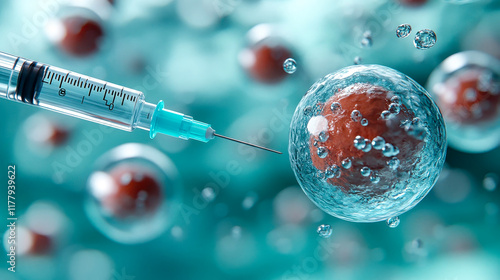 A syringe injecting a glowing red liquid into a transparent sphere, symbolizing scientific innovation in medical research