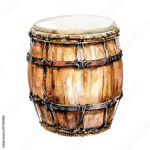 A watercolor drawing of a tambora drum, isolated on a white background. Musical instrument vector.
