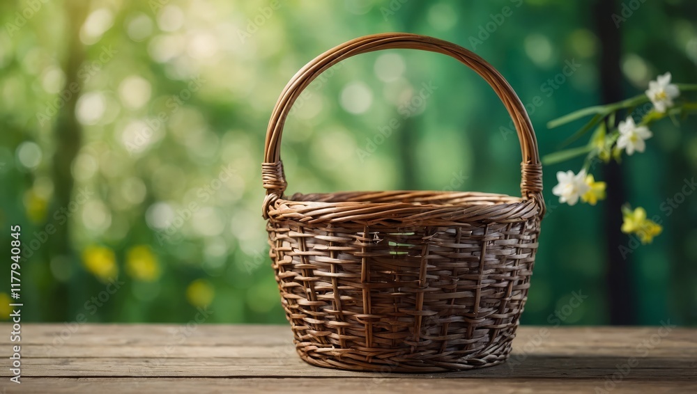 Empty picnic basket on wooden table over green leaves background. Spring and easter mock up for design Empty picnic basket on wooden table over green leaves background. Spring and easter mock up for design