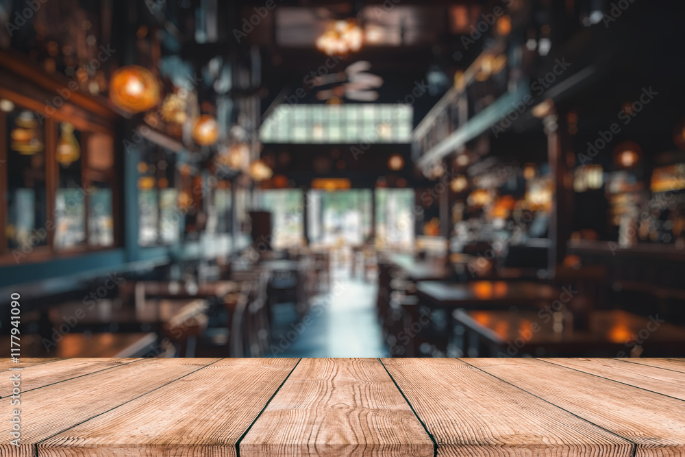 Wood table on blur of cafe, coffee shop, bar, background - can used for display or montage your products Wood table on blur of cafe, coffee shop, bar, background - can used for display or montage your products
