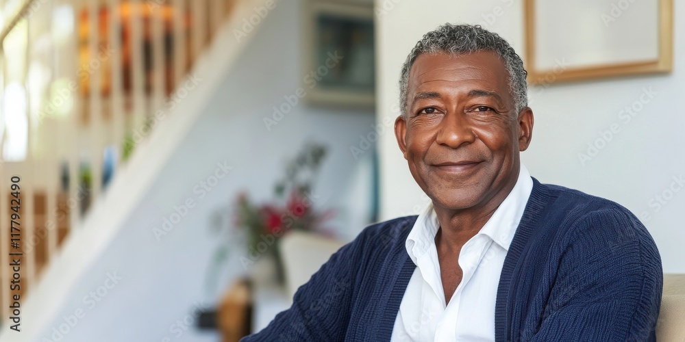 Naklejka premium Mature african american man smiling in cozy living room environment at home
