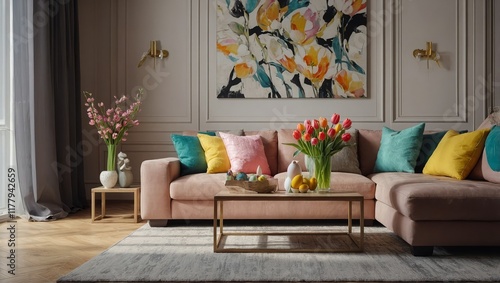 Home interior with easter decor. Mockup with a white frame and spring flowers in a vases on a light background