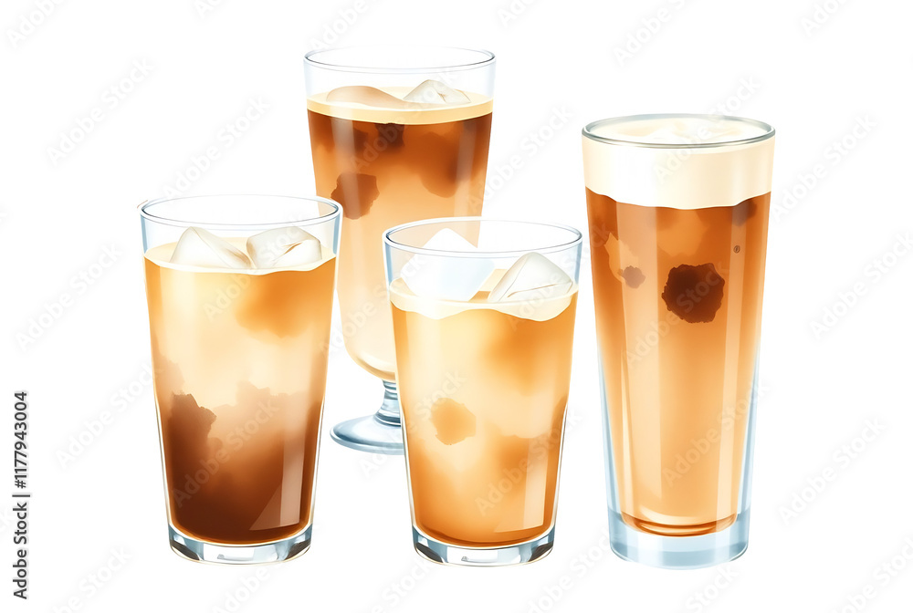 A collection of watercolor iced latte glass illustrations A collection of watercolor iced latte glass illustrations