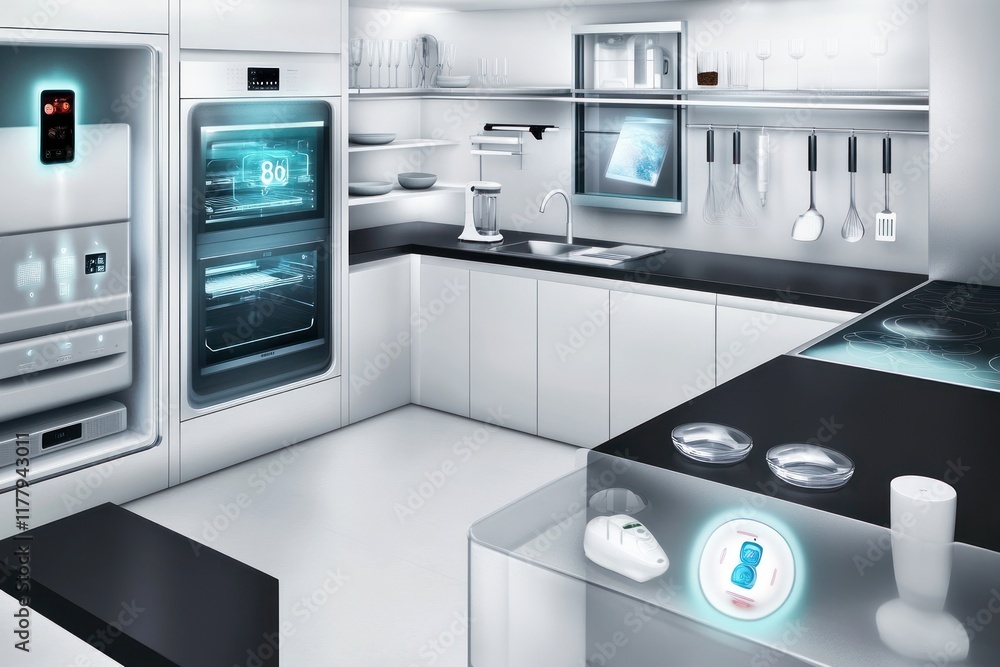 This smart kitchen showcases a modern setup with digital appliances that enhance daily cooking through mobile control This smart kitchen showcases a modern setup with digital appliances that enhance daily cooking through mobile control