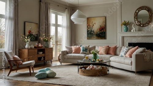 Modern Living Room Decorated for Easter