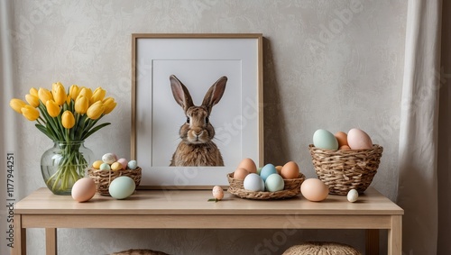 Spring composition of easter living room interior with mock-up poster frame, modern sideboard, coffee table easter cake, eggs
