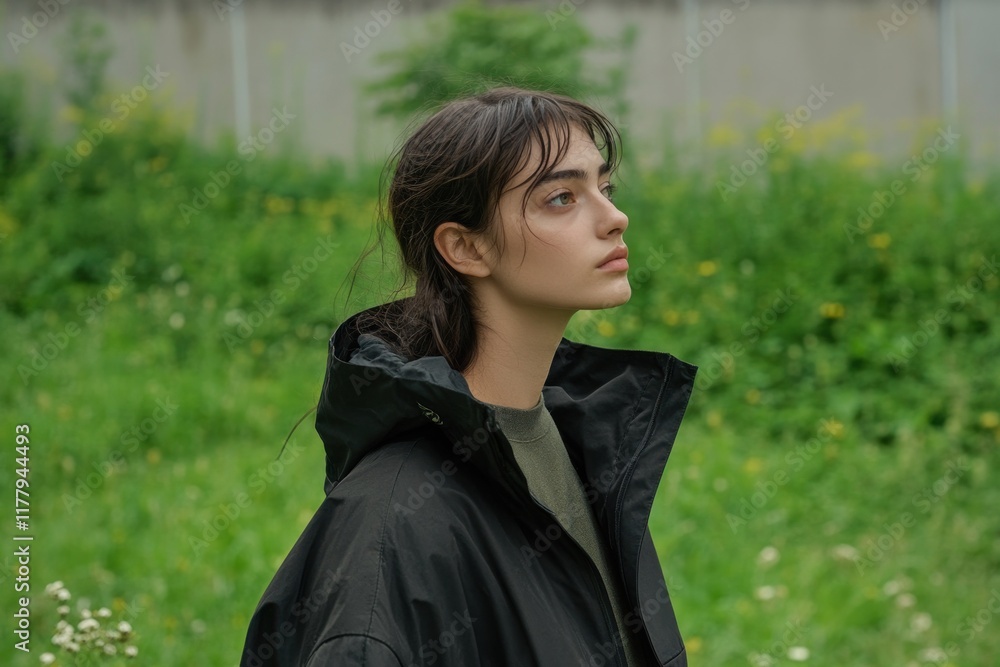 A model stands gracefully in an outdoor green space, wearing clothing made from organic cotton and recycled materials A model stands gracefully in an outdoor green space, wearing clothing made from organic cotton and recycled materials