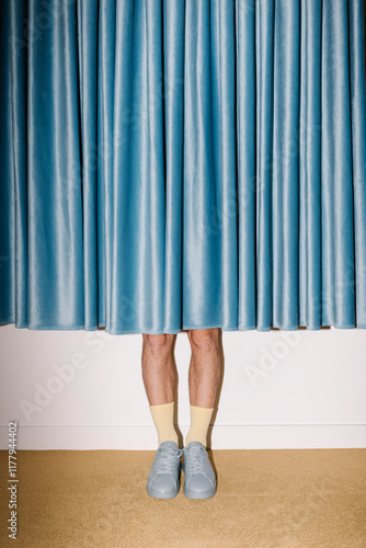 Mystery Person Behind Blue Curtain with Yellow Socks