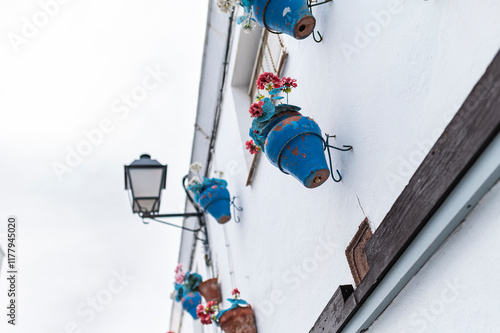 Blue flower pots on white wall photo