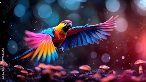 An enchanting image of a vibrant parrot flying gracefully above colorful mushrooms, highlighting nature's beauty and whimsy in a dreamlike, almost magical environment. photo