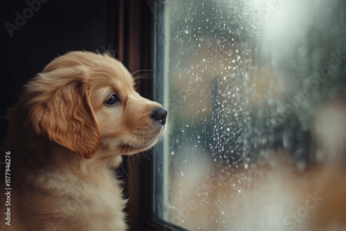 Golden retriever puppy gazes out the window on a rainy day, anticipating his owner s return photo