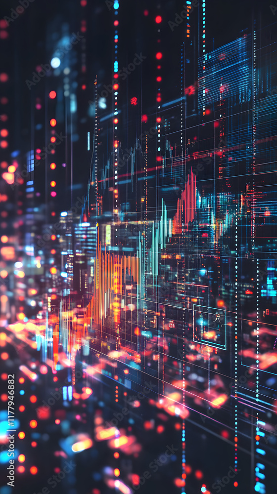 Abstract background featuring colorful financial data visualization with vibrant bars, graphs, and glowing elements reminiscent of a digital trading environment Abstract background featuring colorful financial data visualization with vibrant bars, graphs, and glowing elements reminiscent of a digital trading environment