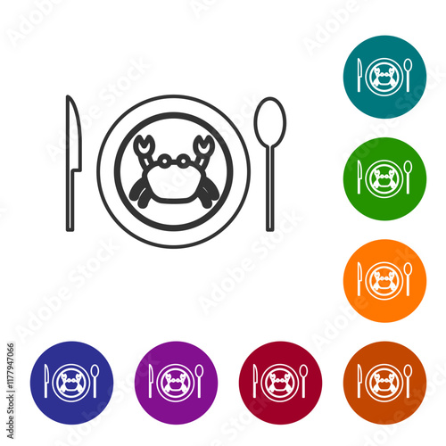 Black line Served crab on a plate icon isolated on white background. Set icons in color circle buttons. Vector.