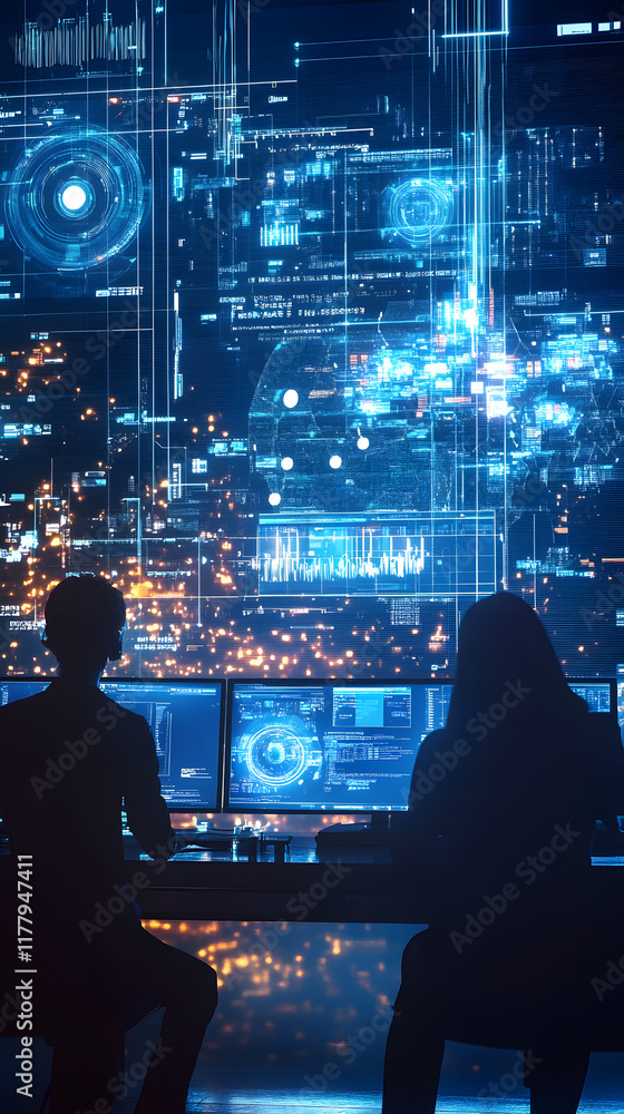 A futuristic control room illuminated by glowing screens shows two silhouettes of diverse individuals engaged in monitoring digital data A futuristic control room illuminated by glowing screens shows two silhouettes of diverse individuals engaged in monitoring digital data