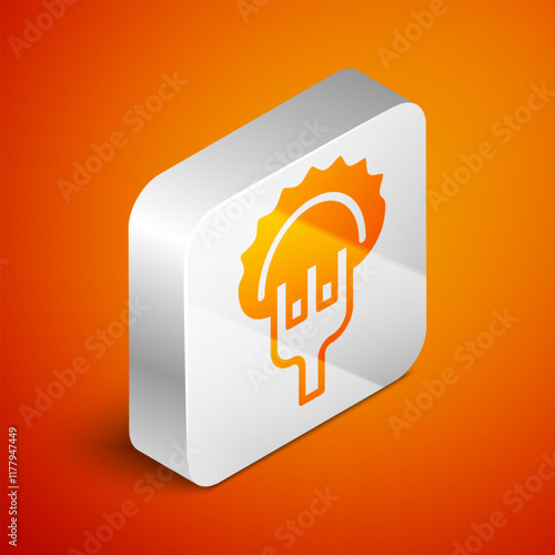 Isometric Dumplings on fork icon isolated on orange background. Pierogi, varenyky, pelmeni, ravioli. Traditional Ukrainian food. Silver square button. Vector