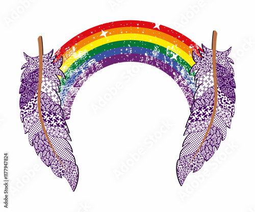 T-shirt design of two feathers joined by a rainbow. Gay pride. Ideal image for Valentine's Day.