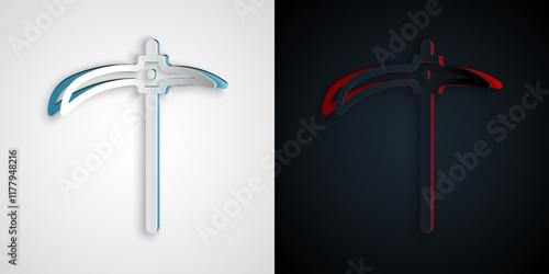 Paper cut Pickaxe icon isolated on grey and black background. Paper art style. Vector