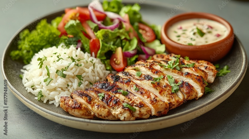 A shawarma platter with grilled chicken, rice, and a side of fresh salad and garlic sauce. A shawarma platter with grilled chicken, rice, and a side of fresh salad and garlic sauce.