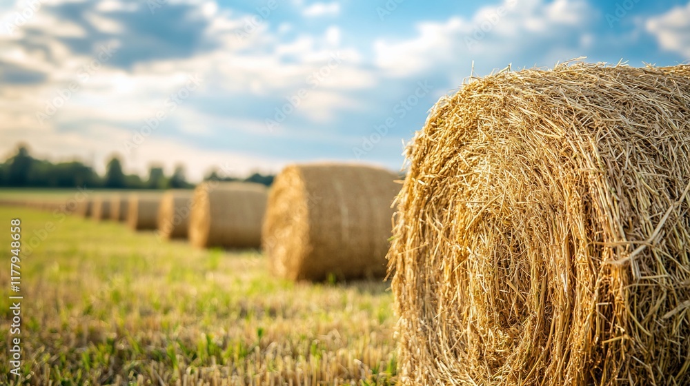 Hay bales in sunlit field, rural landscape, summer harvest Hay bales in sunlit field, rural landscape, summer harvest