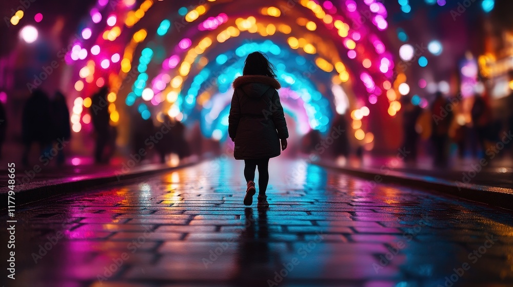 A silhouette of a young child strolling through a stunning lighted corridor, filled with colorful lights. The imagery captures a sense of innocence, wonder, and joy experienced in childhood. A silhouette of a young child strolling through a stunning lighted corridor, filled with colorful lights. The imagery captures a sense of innocence, wonder, and joy experienced in childhood.