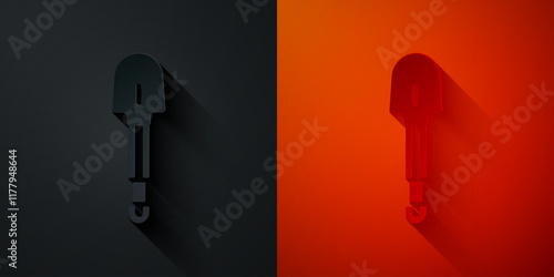 Paper cut Shovel icon isolated on black and red background. Gardening tool. Tool for horticulture, agriculture, farming. Paper art style. Vector
