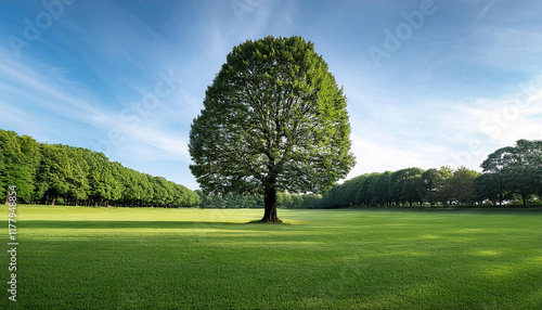 beautiful tree within the center of a area blanketed with grass with the tree line within the heritage