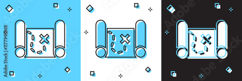 Set Pirate treasure map icon isolated on blue and white, black background. Vector