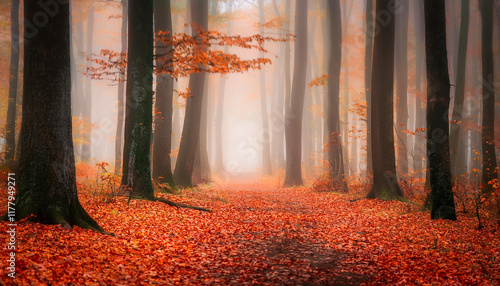 a dreamy ethereal image with a grainy texture evokes the feeling of walking through a forest of blurry rustcolored leaves in autumn photo