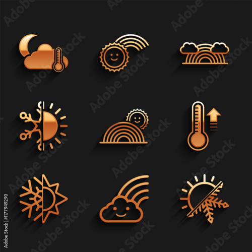 Set Rainbow with sun, cloud, Sun and snowflake, Meteorology thermometer, clouds and Thermometer moon icon. Vector