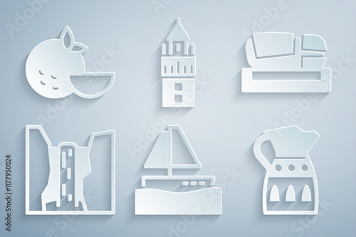 Set Yacht sailboat, Stadium Mestalla, Algar waterfall, Sangria pitcher, Giralda and Orange fruit icon. Vector