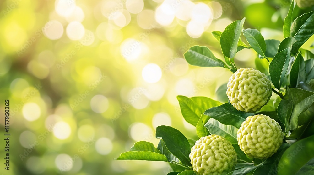 Kaffir lime tree branch, sunlit leaves, orchard background Kaffir lime tree branch, sunlit leaves, orchard background