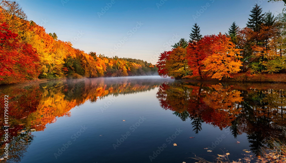 autumn surroundings with colourful maple leaves reflecting in calm lake water at dawn autumn surroundings with colourful maple leaves reflecting in calm lake water at dawn