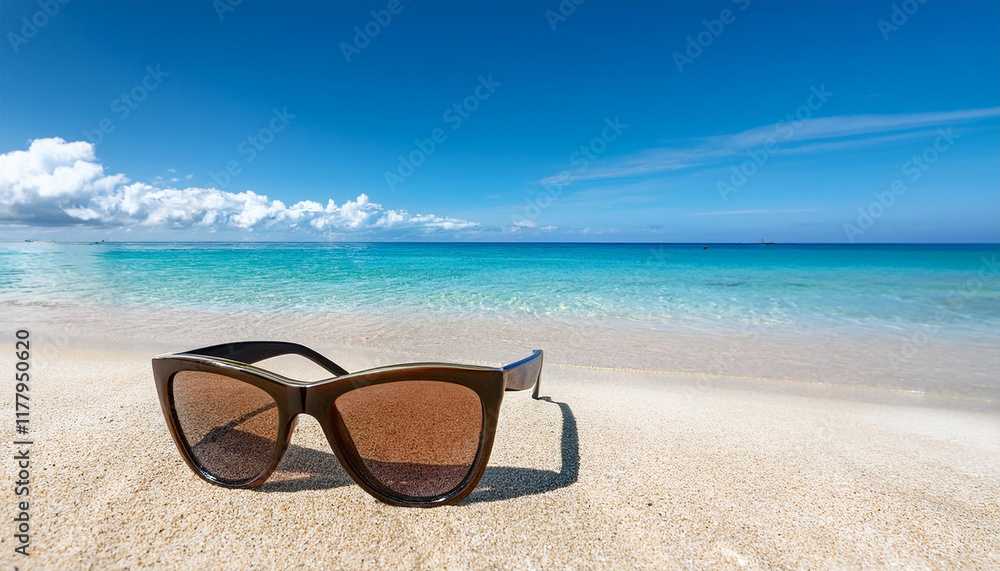 Obraz premium sun shades resting on heat sandy seaside with crystal clean ocean and blue sky in the heritage on a sunny day