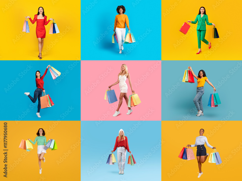 © Prostock-studio - Multiple individuals showcase their shopping excitement with brightly colored bags in a vibrant setting. © Prostock-studio - Multiple individuals showcase their shopping excitement with brightly colored bags in a vibrant setting.