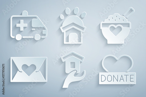 Set Shelter for homeless, Donation food, Envelope with heart, and charity, Animal shelter house and Ambulance car icon. Vector